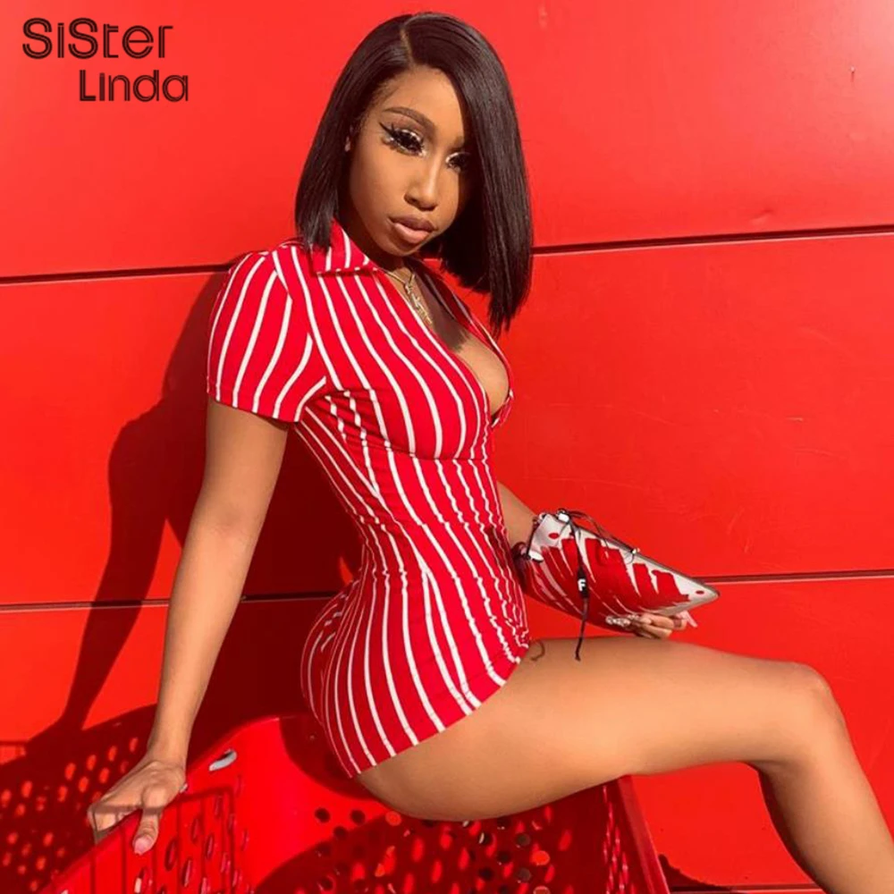 

Sisterlinda Sexy Deep V-neck Stripe Zipper Rompers Women Jumpsuit Short Sleeve Skinny Sportsuit Playsuit Mujer Streetwear Outfit