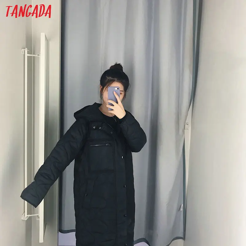 Tangada, женская черная куртка большого размера с длинным капюшоном, парка на кнопках, плотное Женское зимнее теплое пальто CE116