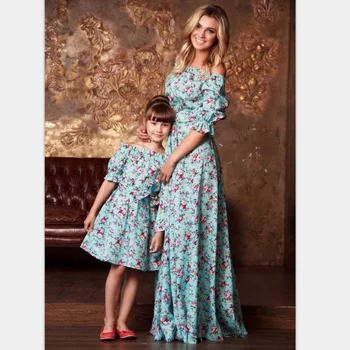 

Fashion Mother Daughter Dress Girl Party Off Shoulder Ruffle Dress Flower Printed Mother Long Dress Daughter Short Dresses