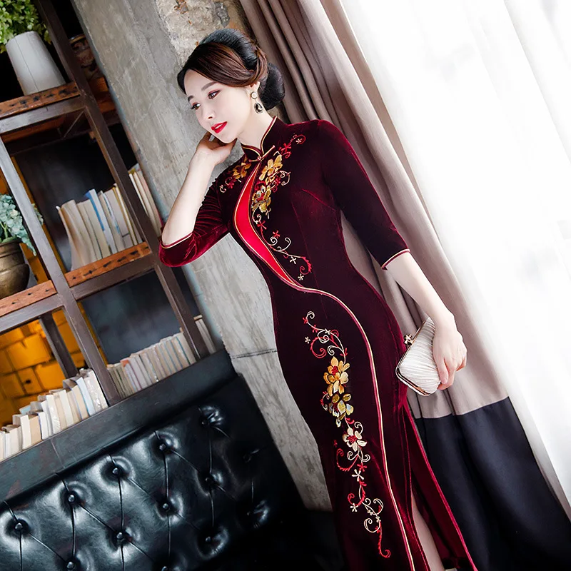 

Ms improved qipao in long pleuche embroidery qipao dress new outfit