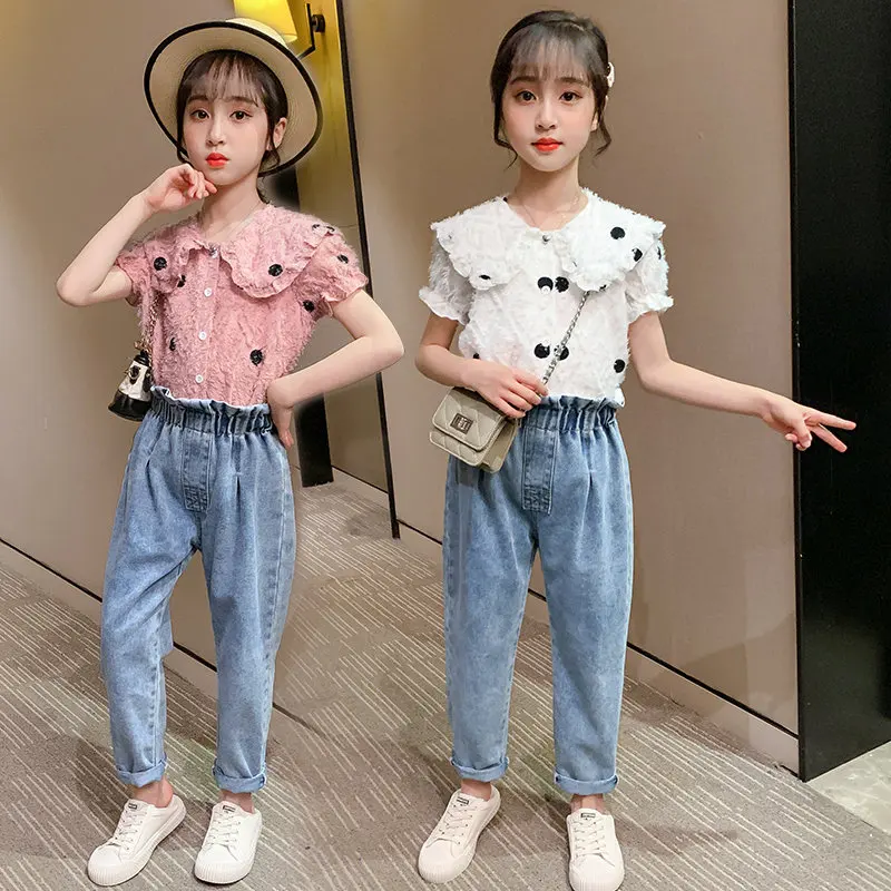 Teen Girls Clothing Solid Shirt &amp Pants Suits For Denim High Waist Clothes Set Spring Autumn Fashion Sets | Мать и ребенок