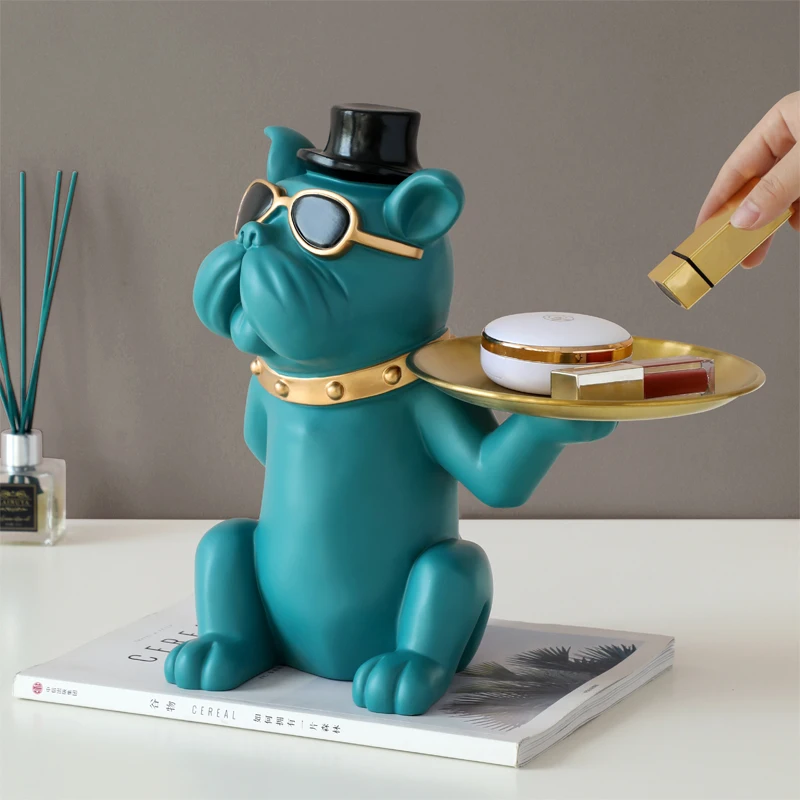 Green Bulldog with Metal Tray Table décor Resin Dog statue home decoration Dog Figurine with Decorative Tray for Keys Jewelry