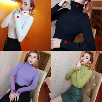 

Winter autumn Women knitting Sweaters Women Pullovers Korean version high collar love embroidery long sleeve bottoming shirt