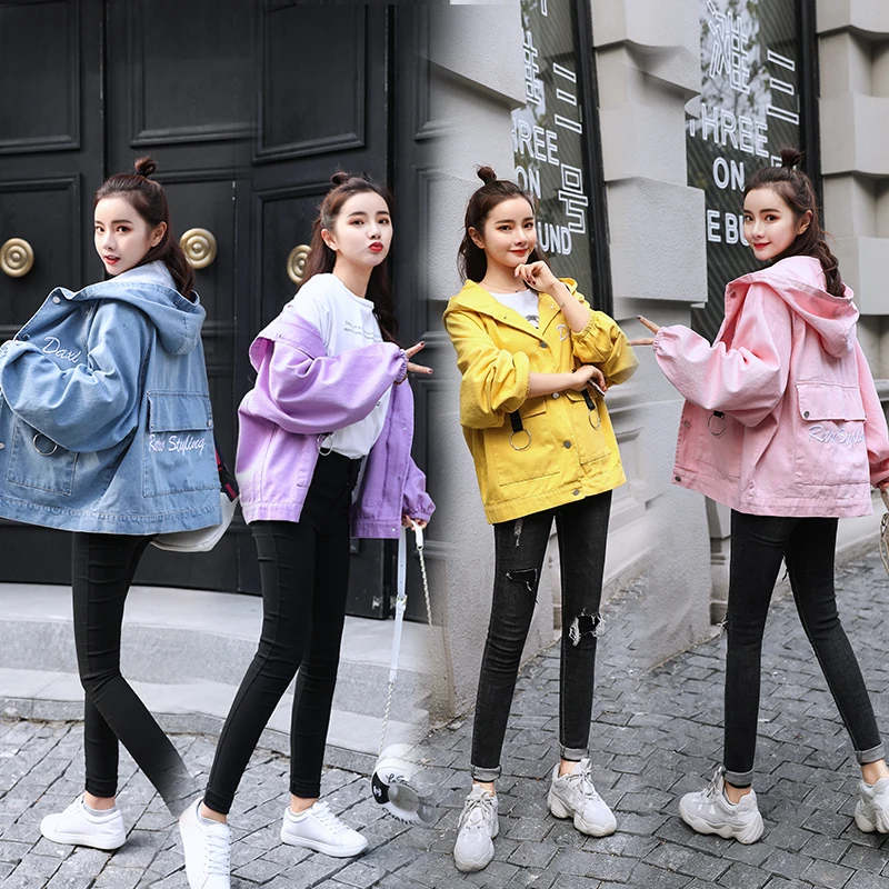 

New Korean Harajuku Style Girls Hooded Denim Jacket Letter Embroidered Large Pockets Outerwear Casual Women Denim Jacket Coat