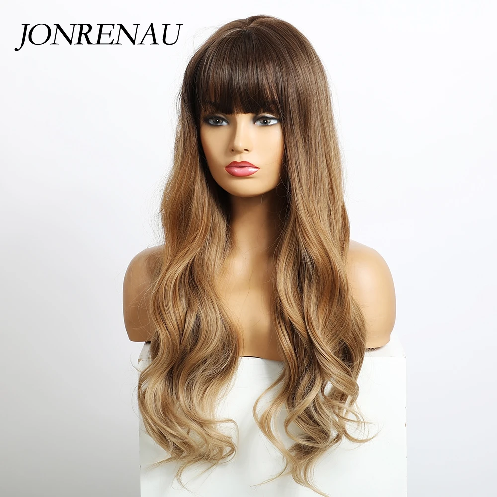 JONRENAU-pelucas sintéticas de largo ondulado con flequillo para mujer, peluca de salón de Cosplay, color rubio marrón, regalo de fibra resistente al calor