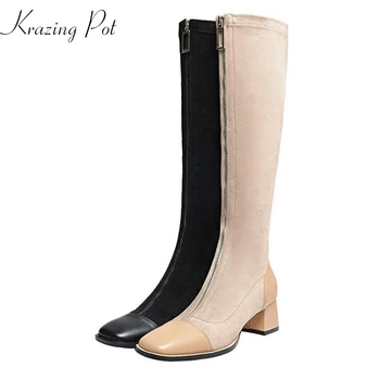 

Krazing Pot cow leather med heel square toe equestrian cross-tied diamond-studded zipper Korean stretch thigh high boots l7f2