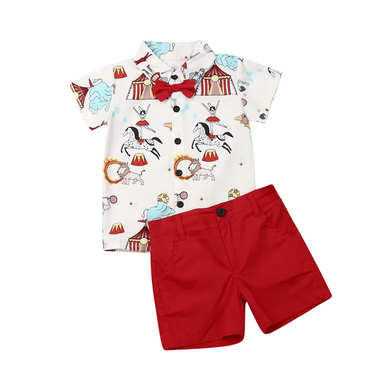 

Kids Baby Boy Gentleman Outfits Bow Tie Circus Print T-Shirts Shorts 2Pcs Summer Child Boy Christmas Clothes Sets 0-5Y
