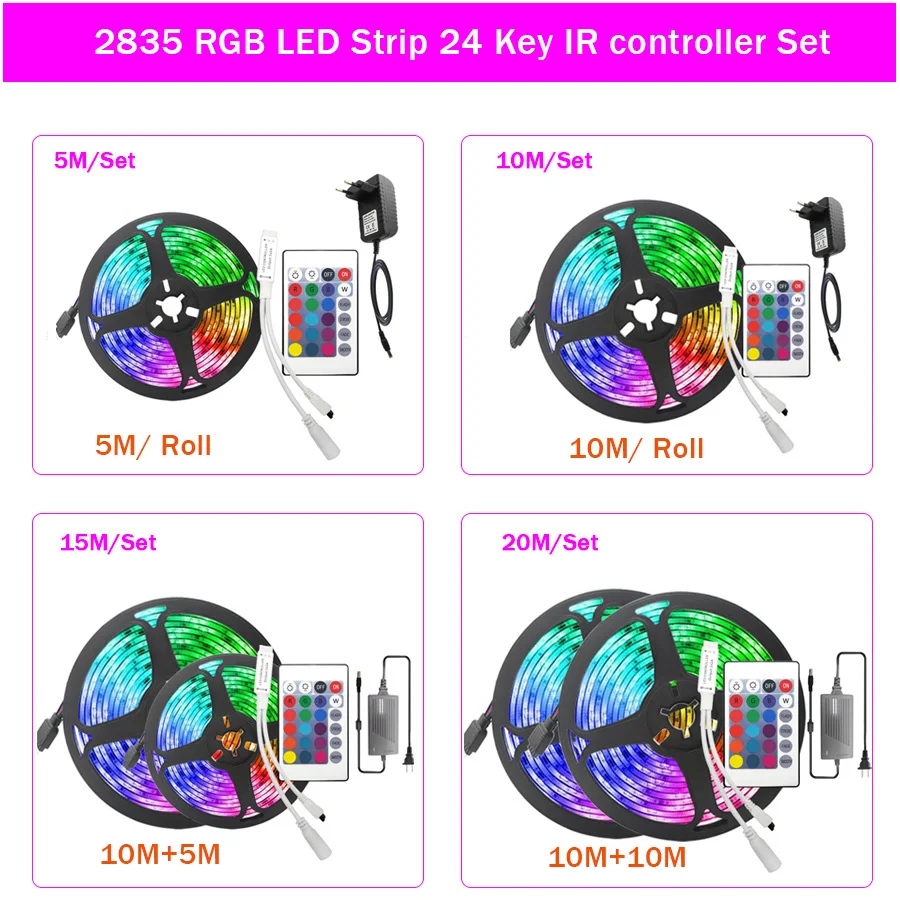 LED Strip Light RGB 5050 2835 Flexible LED Light Strip 5M 10M 15M 20M 12V LED Tape + Power Adapter + Bluetooth Music Controller (10)
