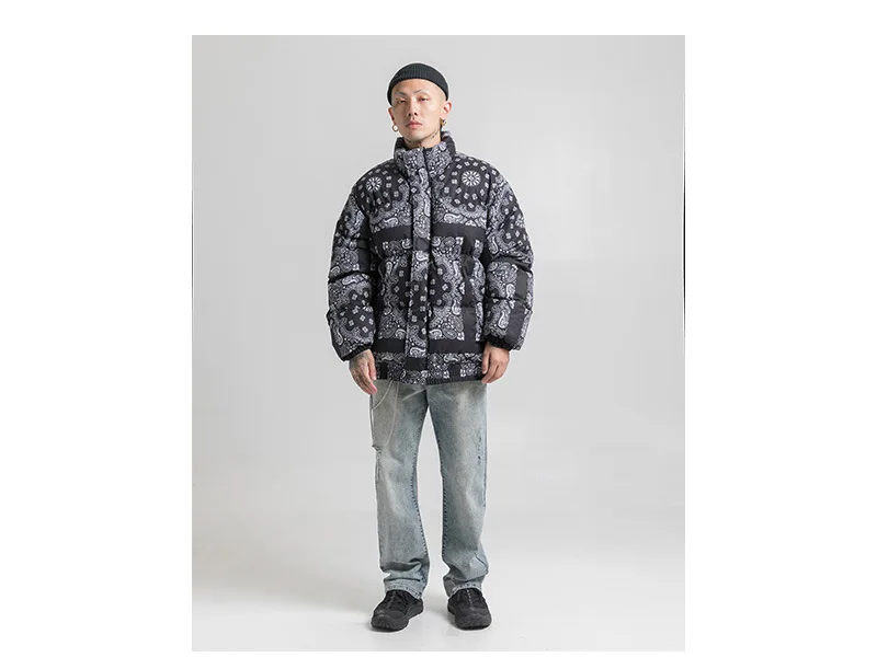 Dajan зимнее японское стильное Оригинальное популярное Брендовое хлопковое Мужское пальто контрастного цвета с полным принтом, толстое повседневное пальто со стоячим воротником