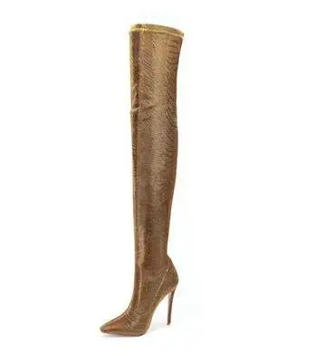 Black Gold Blue Red Sliver Lavender Solid Python Woman Slim Pointed Toe Thin Heels Over The Knee Thigh Long Elastic Boots