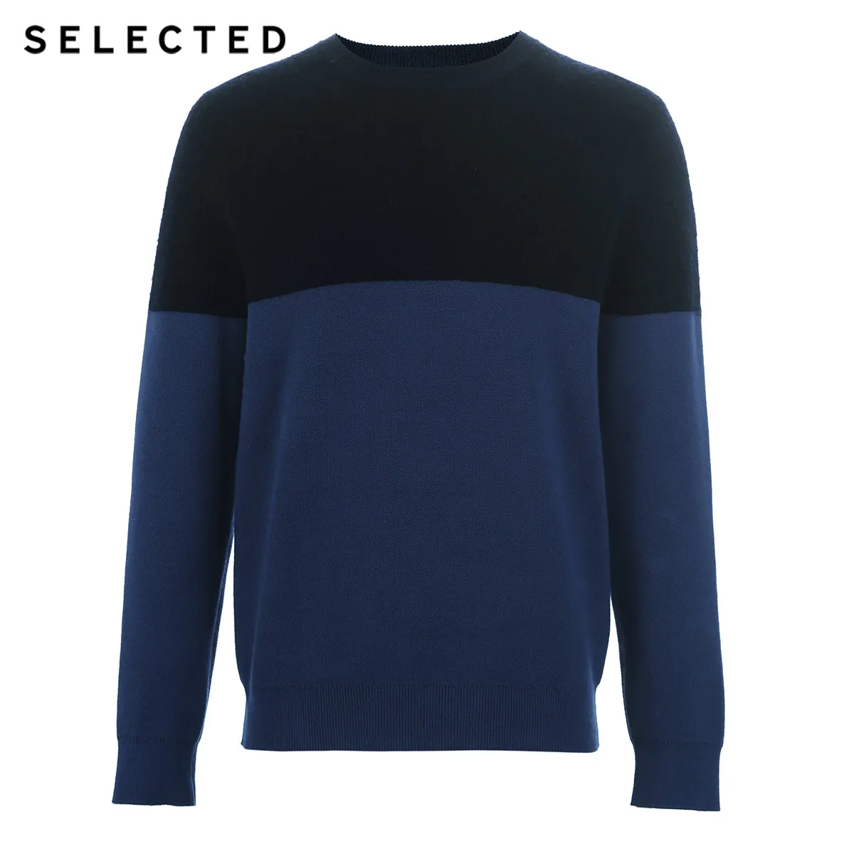 SELECTED Men's Winter Wool Splice Round Neckline Knit Sweater S|419125502