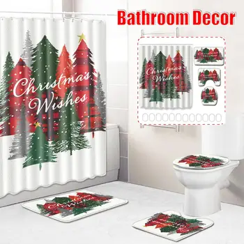 

4Pcs Christmas Tree Flannel Polyester Fabric Shower Curtain For Bathroom Christmas Waterproof Bath Screen Curtains Home Decor