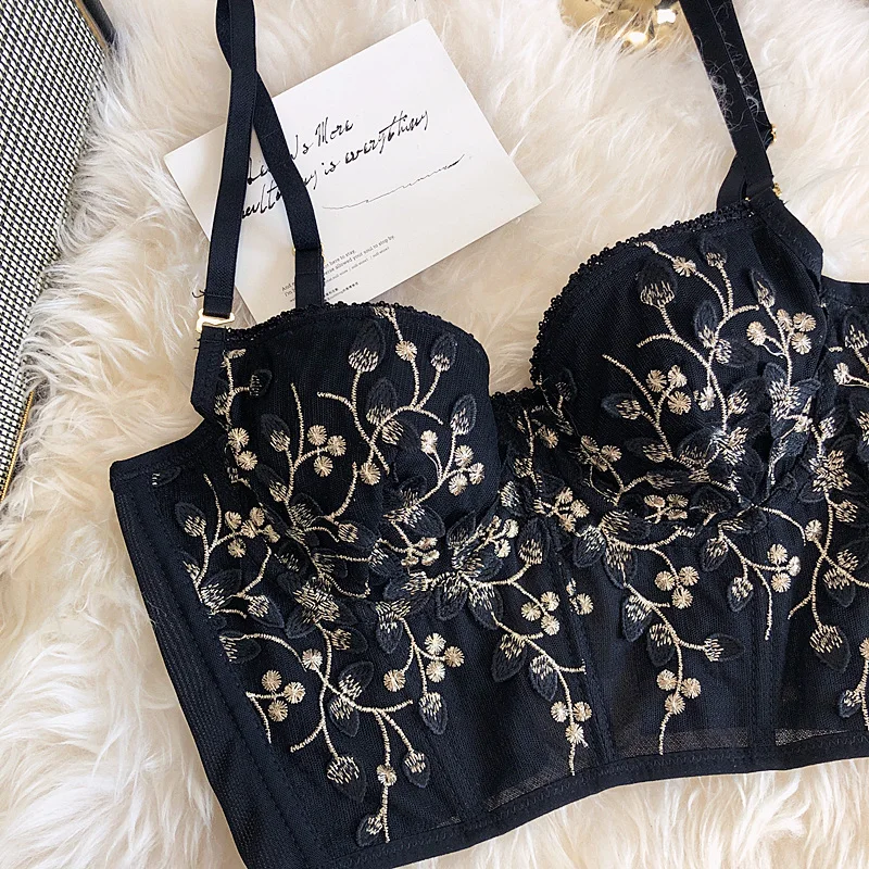 Wriufred ретро вышитый цветок bralette сексуальный кружевной тонкий бюстгальтер и