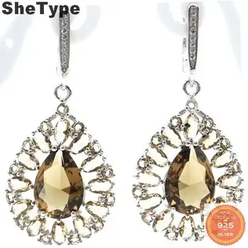 

47x22mm Elegant 9.68g SheType Created Smoky Topaz Pink Tourmaline CZ Gift For Woman's 925 Sterling Silver Earrings