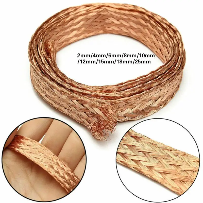 1M 5M 10M Pure Copper Braid Knitted Mesh Anti-interference 4mm/6mm/8mm/12mm/14mm/18mm/25mm Lead Wire Flexibility Cable Flat