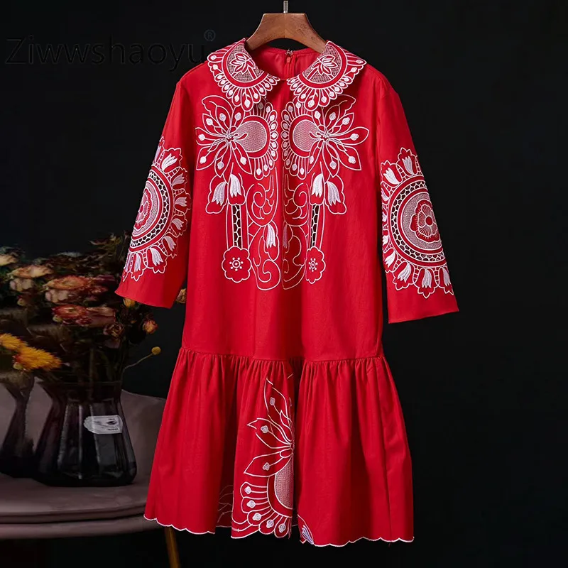 Ziwwshaoyu Подиум дизайнерское хлопковое мини-платье женское нежное платье с вышивкой в стиле барокко 3/4 с расклешенными рукавами платье для отдыха