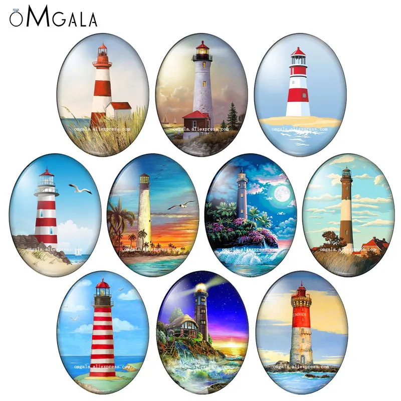 

Cartoon Lighthourse and Sea Art Paintings Mixed 13x18mm/18x25mm/30x40mm Oval photo glass cabochon flat back Making findings