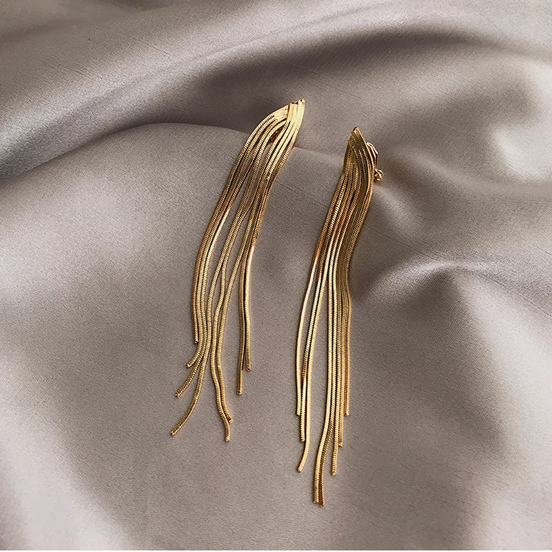 Vintage Long Metal Chain Tassel Clip on Earrings Bohemian Geometric Without Piercing Ear Clips for Women Party Jewelry Gift
