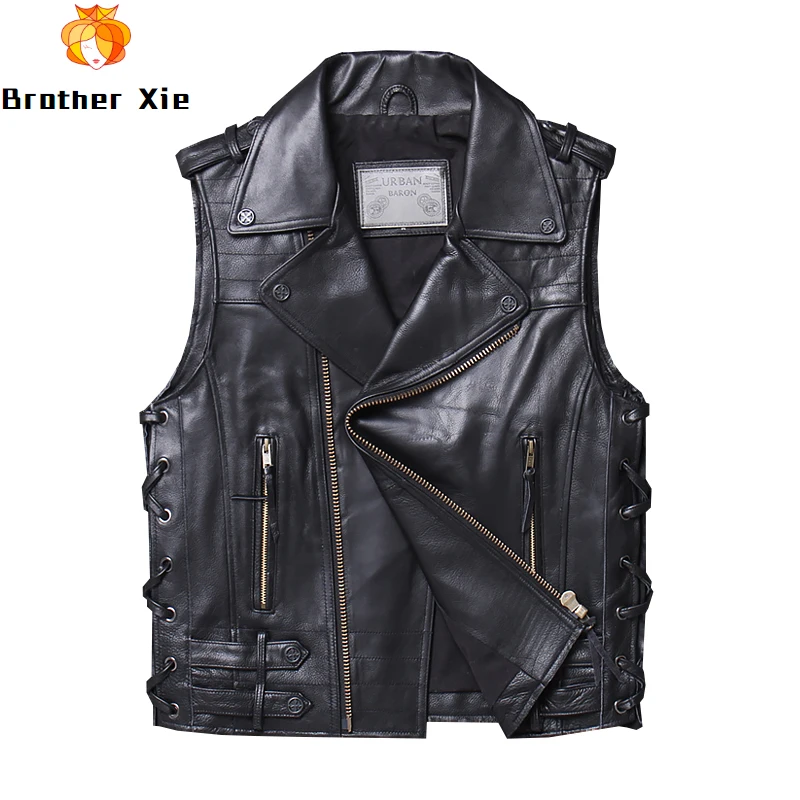 

2020 Genuine Leather Vest Cowhide Motorcycle Vest Vintage Biker Waistcoat Black Sleeveless Jackets for Male