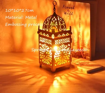 

10*10*27cm White/Gold/Black Metal Hollow Candle Holder Articles Moroccan European Candlestick Hanging Lantern