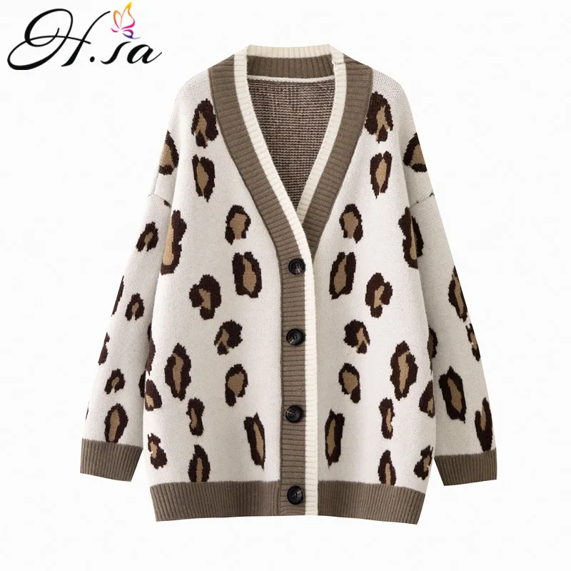H.SA 2021 Women Winter Long Cardigans Open Stitch V Neck Button Up Leopard Knit Sweater Outwear Oversize Jacket Female |