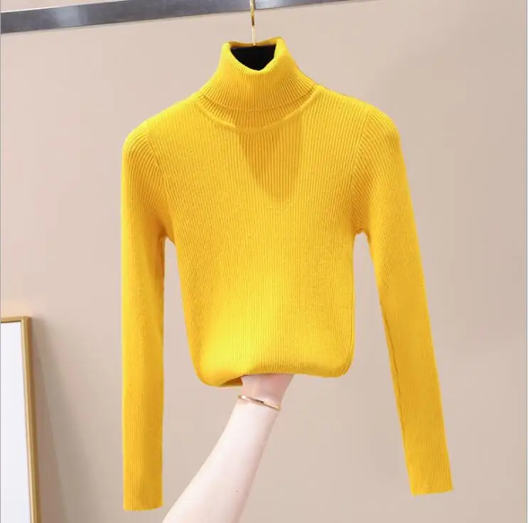 Женская Повседневная водолазка в рубчик, тонкий базовый пуловер, свитер с длинным рукавом, вязаный эластичный однотонный джемпер, Осень-зима, мягкие Топы - Цвет: Цвет: желтый