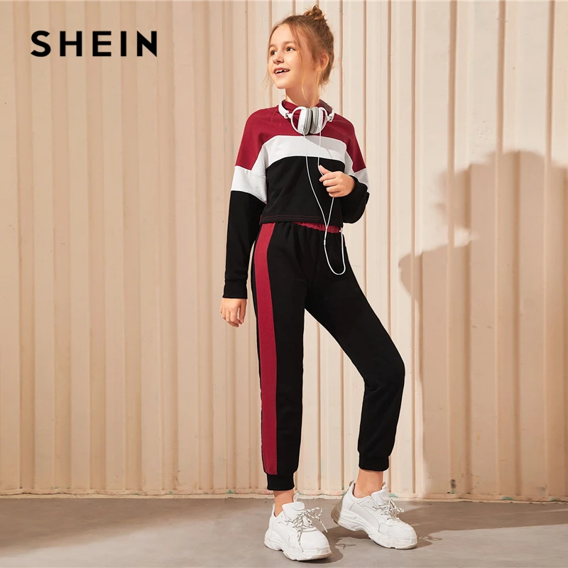 SHEIN/Детский свитер с капюшоном и цветными блоками для девочек и морские брюки; комплекты для детей; коллекция года; осенняя одежда с длинными рукавами для активного отдыха; повседневные комплекты