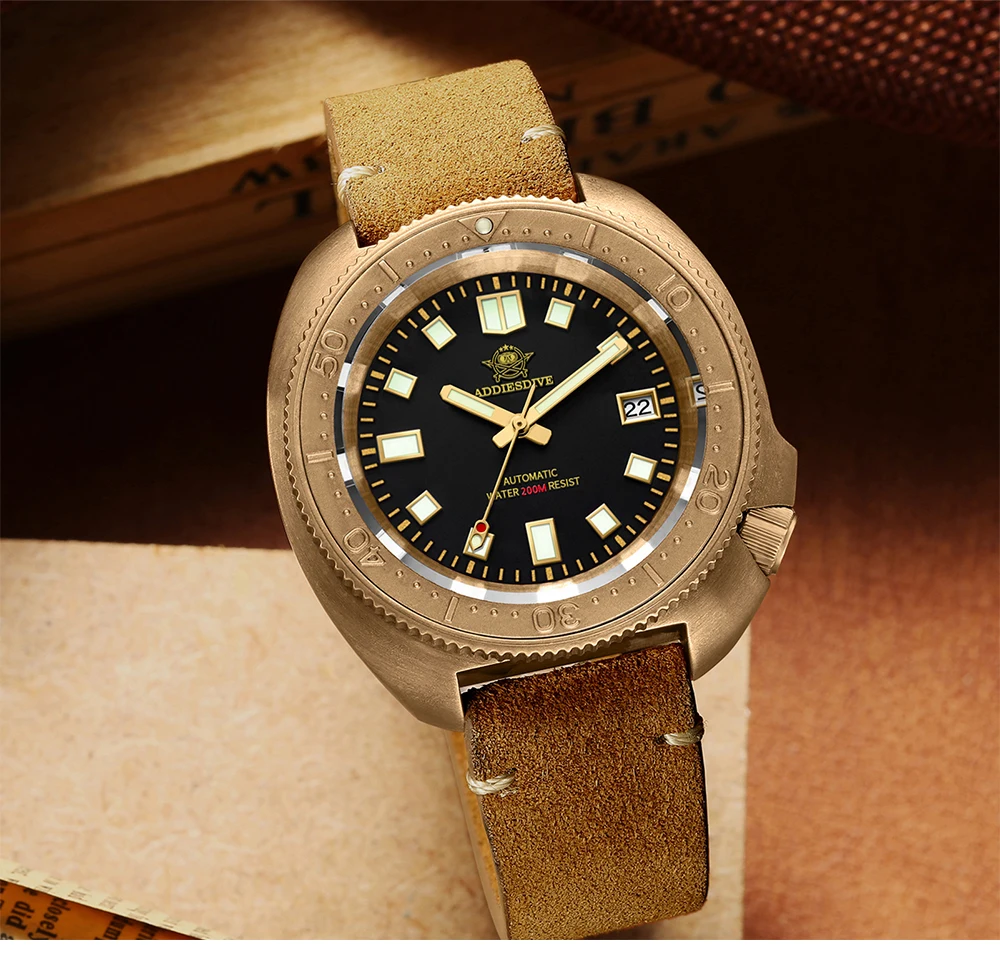 Addies Dive 2104 CUSN8 Men Bronze Watch Brown Leather Strap NH35 Automatic Watch Gold Polished Case 200m Diving Watches