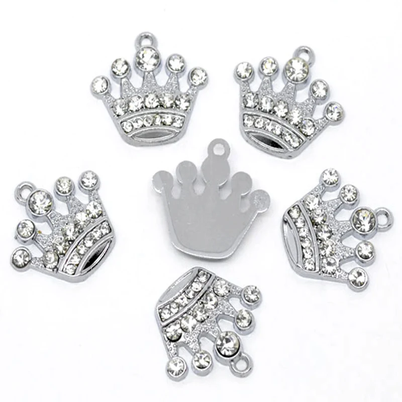 Lovely Jewelry! 10 Silver Tone Rhinestone Crown Charm Pendants 21x20mm (B10355)