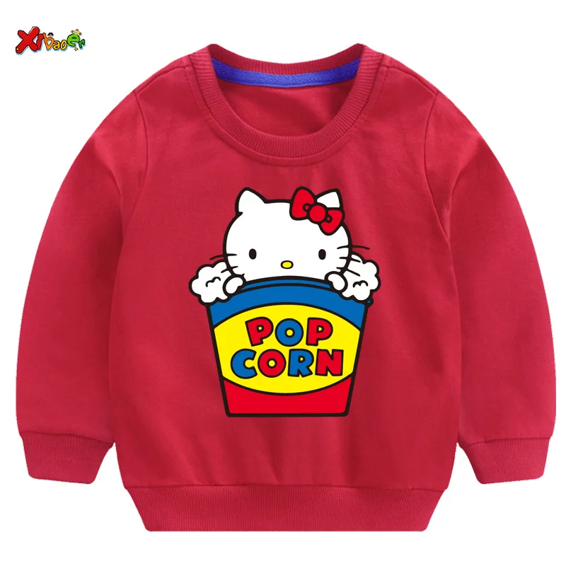 Свитшоты для маленьких девочек Футболка hello kitty г. Осенние толстовки для малышей, пуловер с длинными рукавами Модная одежда с героями мультфильмов красный, белый - Цвет: sweatshirt red