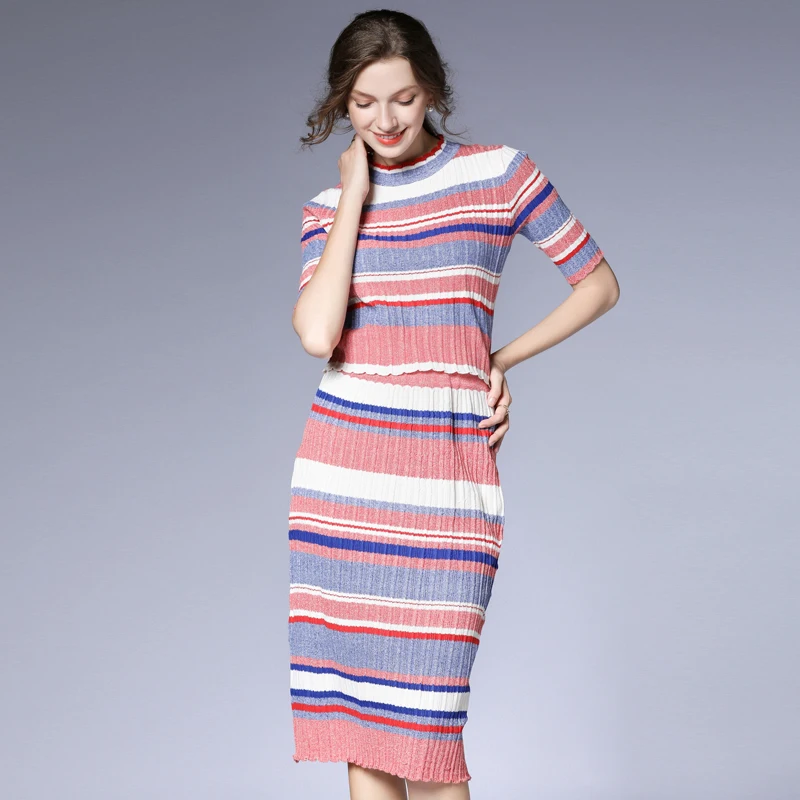 Высокое качество Новый Рабочий двубортный комплект вязаный свитер Женская юбка