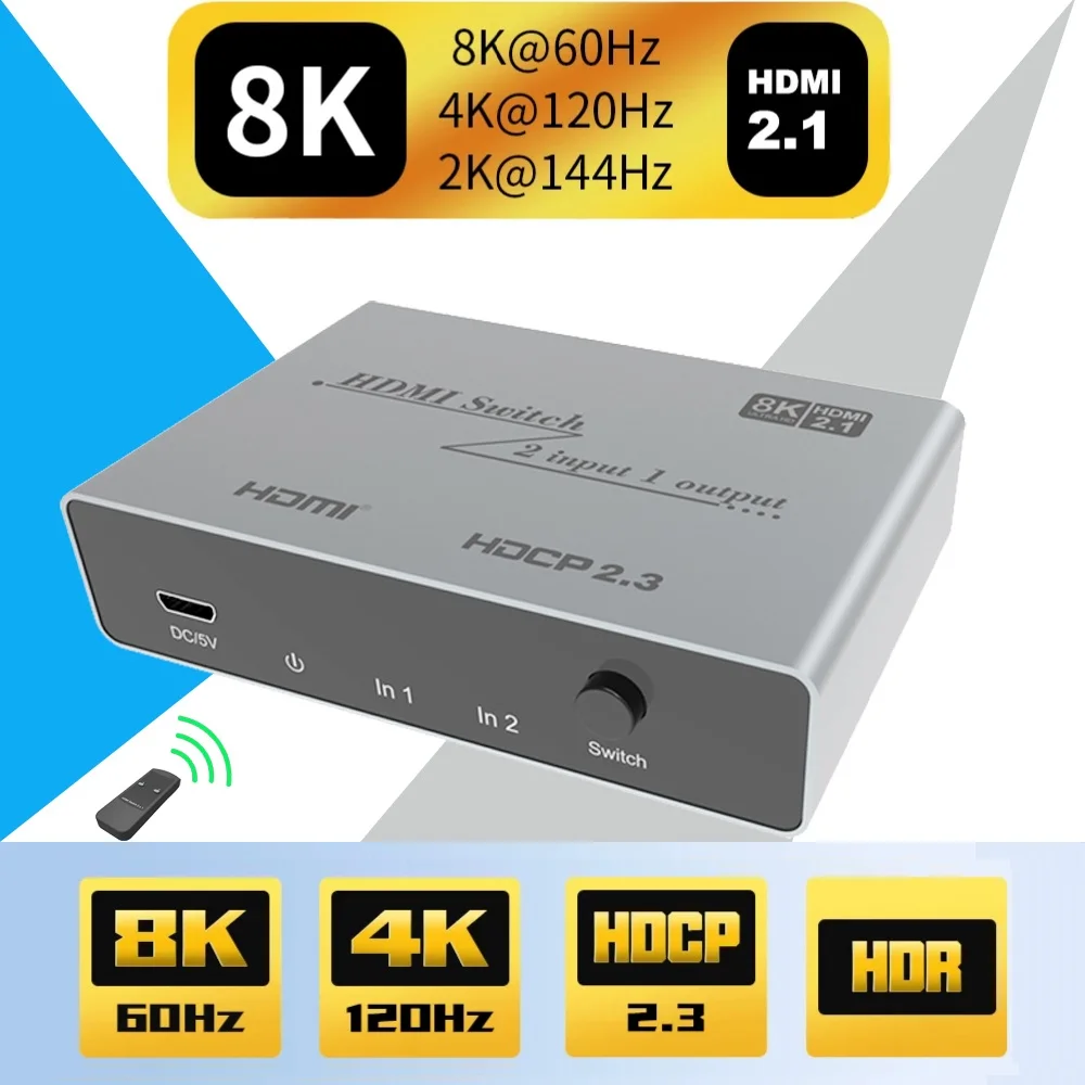 Tanie Przełącznik 8K zgodny z HDMI 2.1 2-portowy przełącznik HDMI 2.1 przełącznik 8K