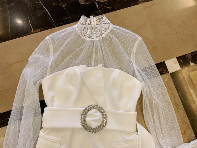 Pure White Party Dress Sexy Women Stand Collar Flare Sleeve See Through Polka Dot Mesh Spliced Mini Dress With Crystal Belt