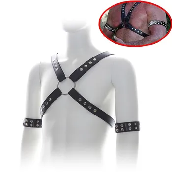 Fetisch Männer Leder Brust Gürtel mit Armband Rave Körper Bondage Käfig BDSM 1