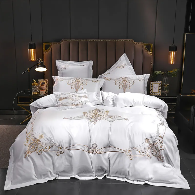 Luxury 60s White Bedding European Washed Silk Embroidery Cotton Duvet Cover Bed Linen Fitted