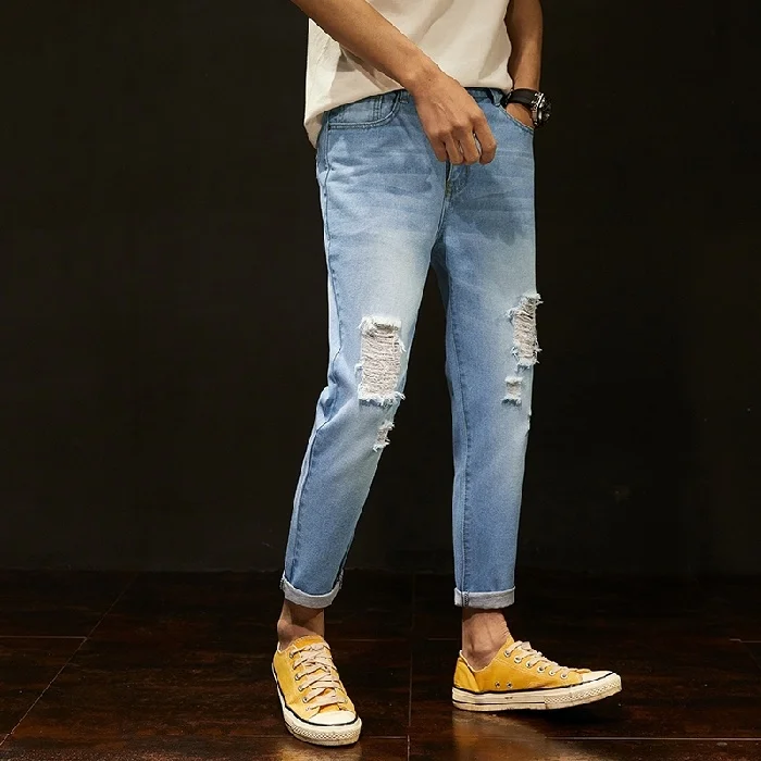 

New Spring And Summer Men's Jeans Ninth Trousers Fashion Students Hole Jeans For Men Pants