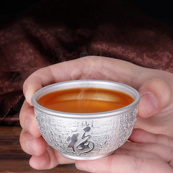 

Mini 999 Pure Silver Bless Tea Cup Handwork Carving Double Insulation Kung Fu Master Teacup Single Anti-scald Health Care Gifts