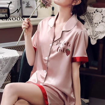 

CINOON Women Pajamas Set 2 Pieces Floral Printed Silk Pajamas Suit Cute Sleepwear Short Sleeves Sleepwear Shorts For Female