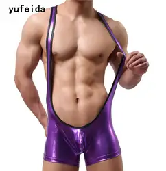 YUFEIDA, сексуальное мужское нижнее белье, боди, трико, искусственная кожа, комбинезон, борцовка, майка, Мужская одежда, сценическая Клубная