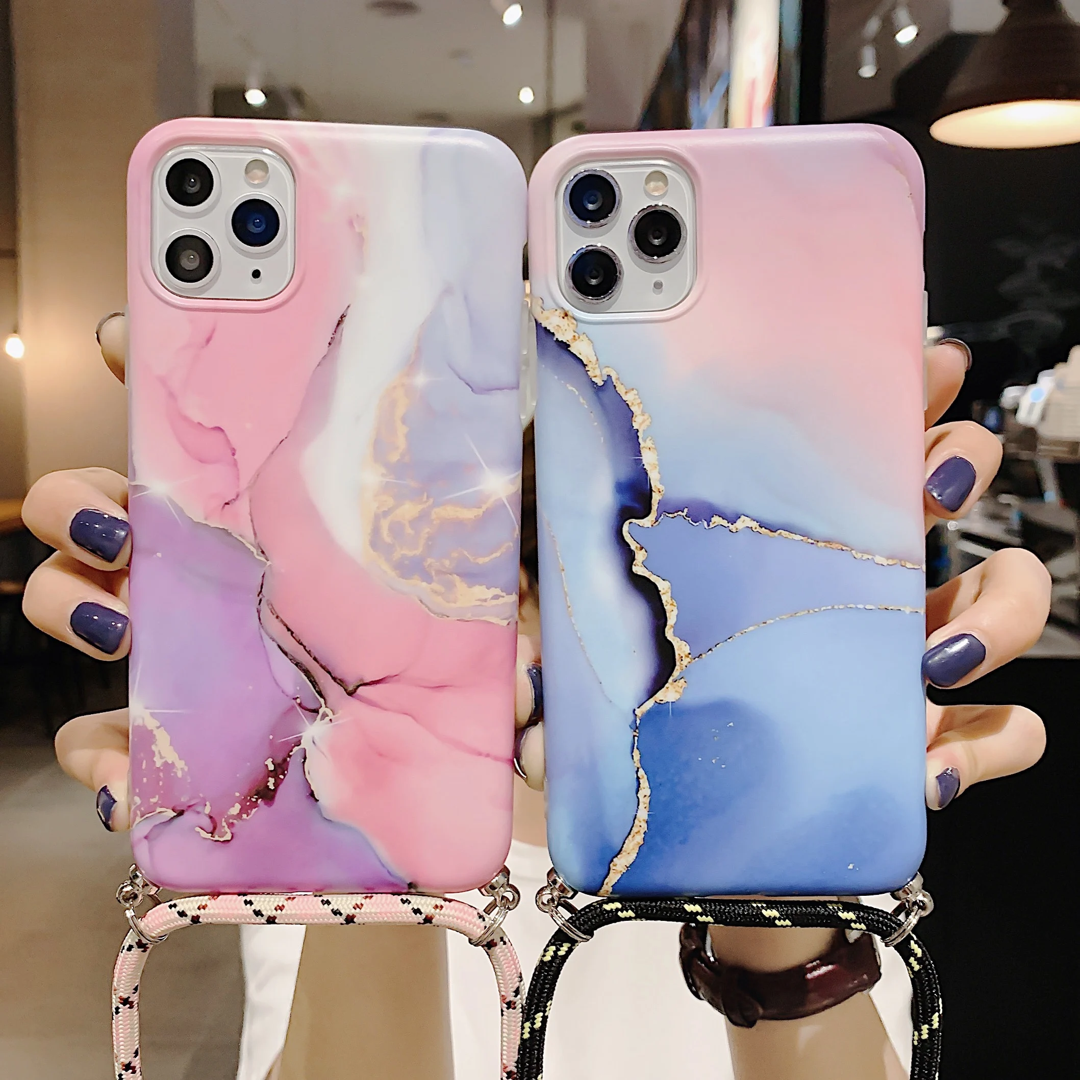 Чехол для iPhone 12 11Pro 11 Pro Max SE 2020 XR XS 7 8 Plus с мраморным ожерельем и веревкой мягкий