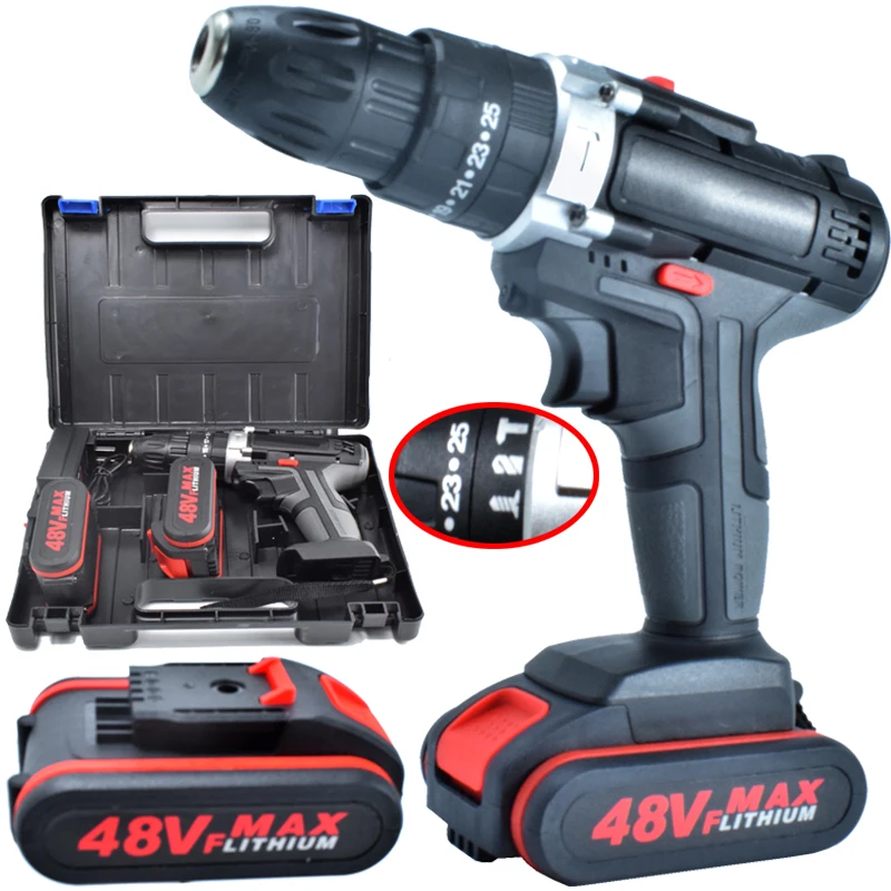 

48VF Impact Drill Electric Cordless Drill Lithium-Ion Battery Cordless Drill DIY Wireless Electric Drill Power Driver Drill