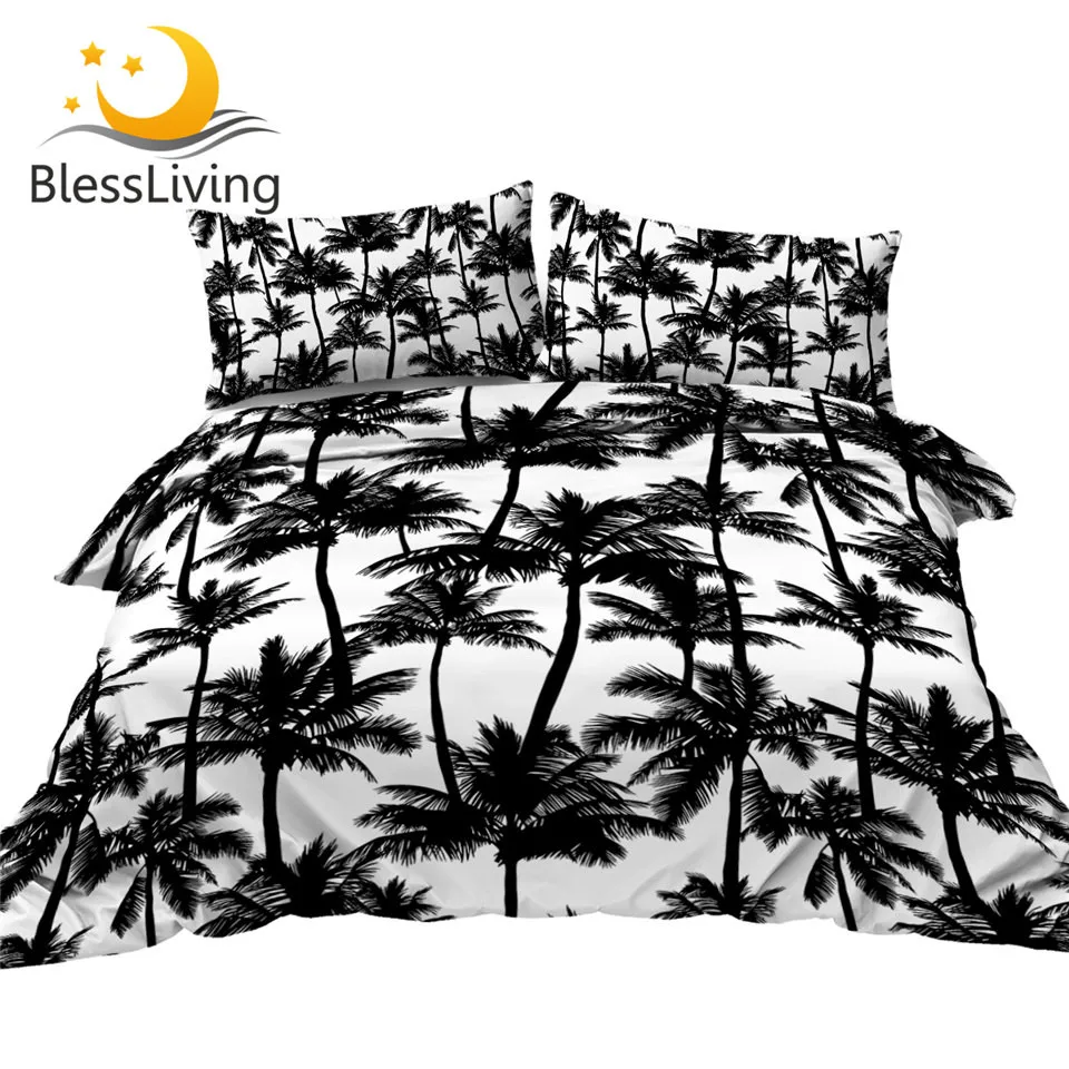 

BlessLiving Palm Trees Bedding Set King Tropical Leaf Bedspread Black and White Duvet Cover Plant Bed Linen Home Textiles 3pcs