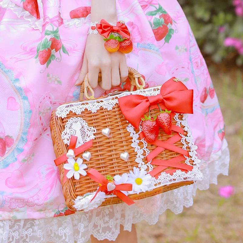 

Lolita Rattan Box Woven Basket Tea Party Gorgeous Strawberry Bow Handbag Girl Kawaii Straw Hat Cosplay Rattan Suitcase
