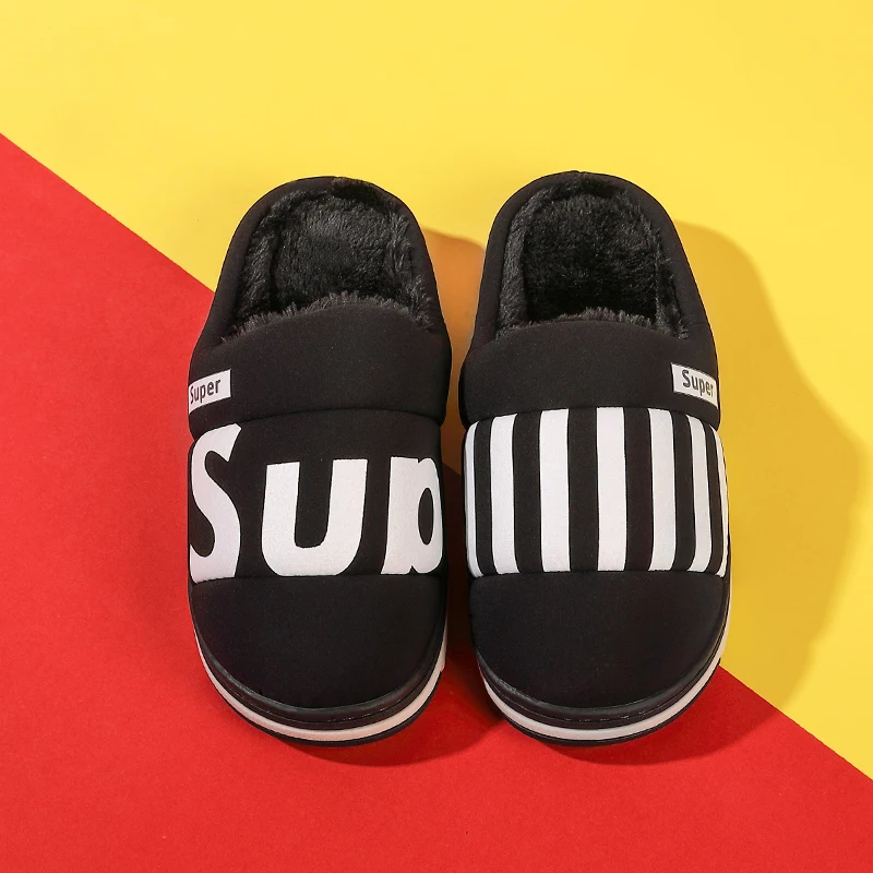 ASIFN Male Slippers with Fur Indoor Cotton Winter Men Waterproof Non-slip Warm Home Half-pack Female Slippers Couple - Color: Black