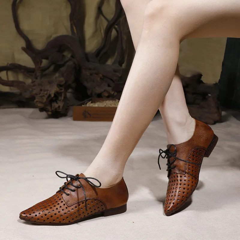 Primavera Verano nuevos zapatos Oxford planos con cordones para mujer, Vintage de cuero genuino, cortes zapatos planos para damas