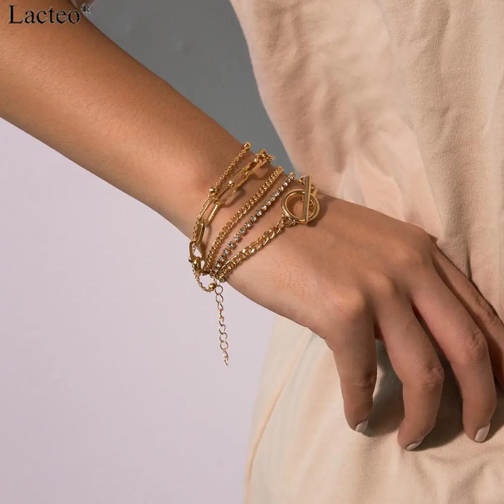Lacteo пикантные 2 шт./компл. Стразы кабель-браслет на запястье для Для женщин модная разноцветная Слои сплав Серебряная цепочка браслет заявление, подарок для женщины