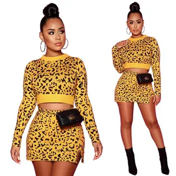

2 Piece Sets Womens Outfits Fashionable Leopard Long Sleeve Crop Top Slit Mini Skirt Sexy Two Piece Set Women Clothing Dress