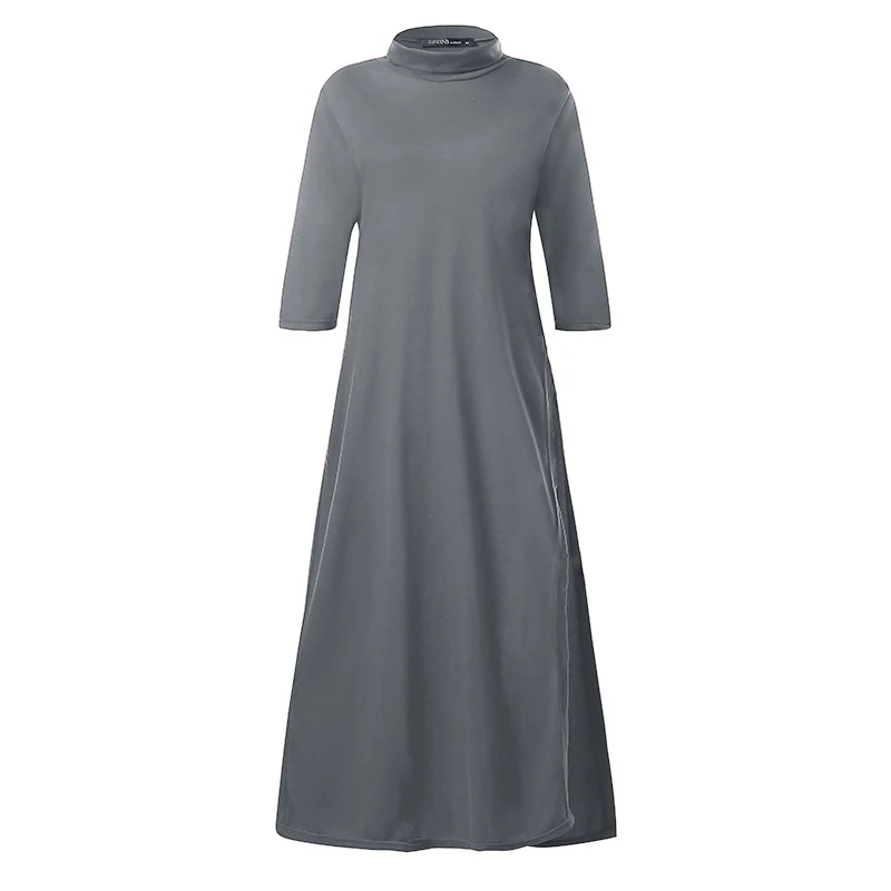 ZANZEA, стильный сарафан с высоким воротом, женское Макси платье с высоким разрезом, туника с рукавом 3/4, женское однотонное платье размера плюс 5XL