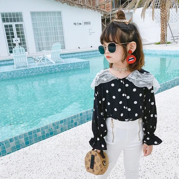 

Spring Autumn girls blouse Baby shirt kids fashion tops Children chiffon clothes dot layered lace collar ruched cuff 3 to 9 yrs