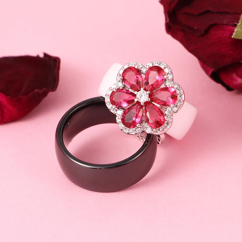 Элегантный Sytel Woemn кольцо CZ кристалл в форме Красного цветка керамические кольца для женщин красивые кольца для женщин Свадебные украшения подарок